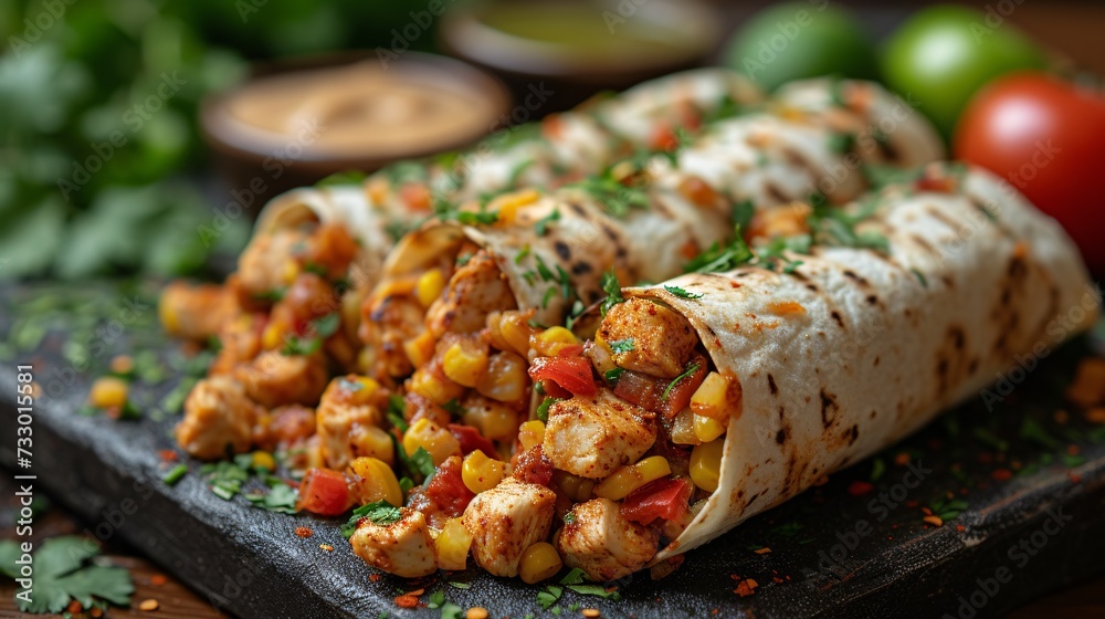 Authentic Mexican cuisine. Fresh chicken and vegetable ingredients wrapped in a soft tortilla.