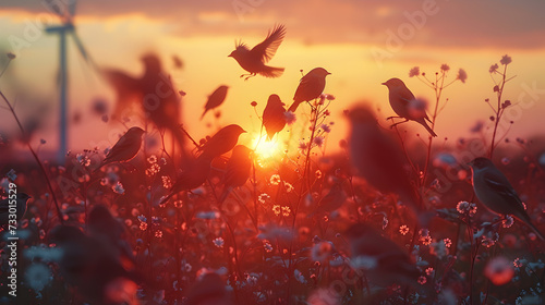 Birds take flight in a captivating sunset scene above a wildflower field with a wind turbine backdrop.  © Meta