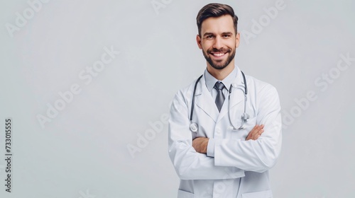 Smiling male physician in lab coat and stethoscope, displaying positive test results and looking at camera on white background with room for text. photo