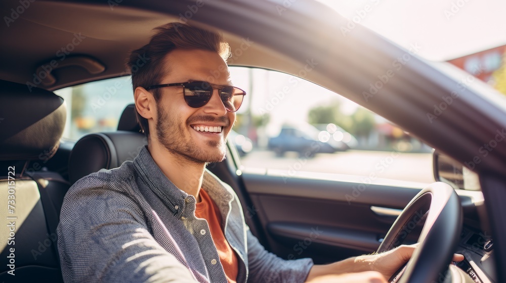 A young and cheerful man enjoys a new car while driving in the city on a sunny day. Buying and renting a car, transportation concepts.