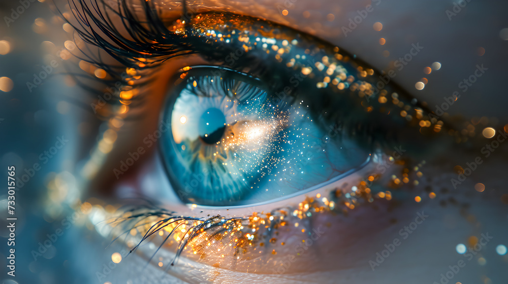 Close-up of a human eye with a universe reflection, symbolizing vision, imagination, and dreams.
Close-up of a human eye with a universe reflection, symbolizing vision, imagination, and dreams.
