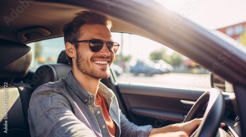 A young and cheerful man enjoys a new car while driving in the city on a sunny day. Buying and renting a car, transportation concepts. © liliyabatyrova