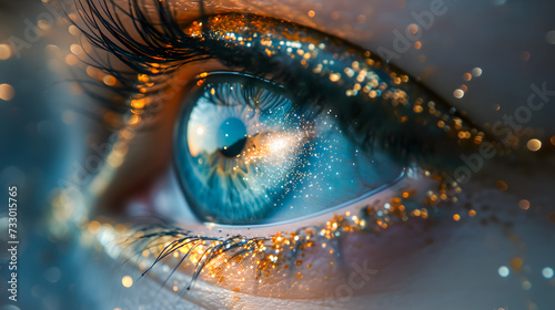 Close-up of a human eye with a universe reflection, symbolizing vision, imagination, and dreams. 