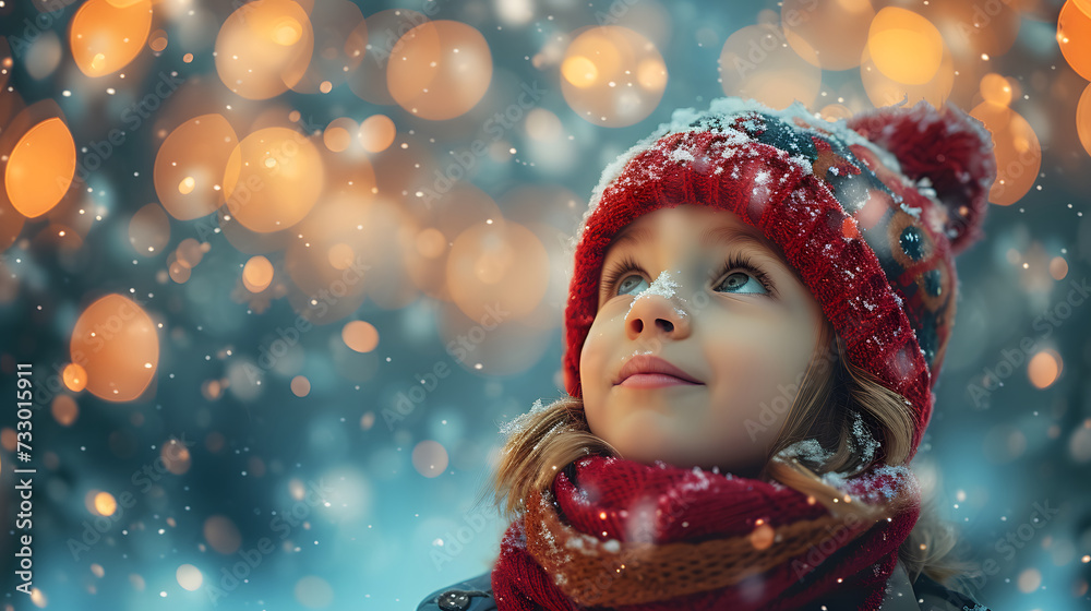 A young girl wearing a red hat looks up at the sky. She is surrounded by orange lights and snow. A young girl wearing a red hat looks up at the sky. She is surrounded by orange lights and snow.