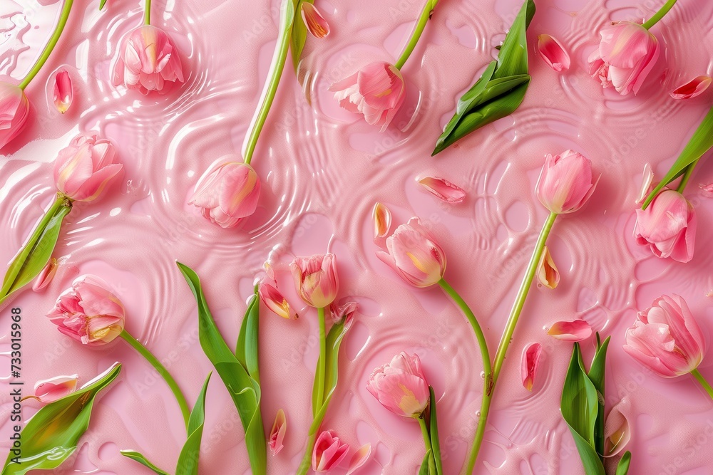 beautiful tulips pattern in pink water, festive spring background beautiful tulips pattern in pink water, festive spring background