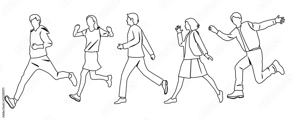 Vector silhouettes of men and women, group of running business people, teenagers, profile, linear sketch, black color isolated on white background Vector silhouettes of men and women, group of running business people, teenagers, profile, linear sketch, black color isolated on white background