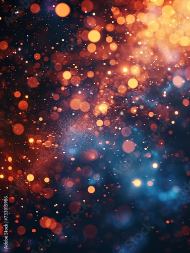 Galactic energy with blurred bokeh effect and colored particles on dark background.