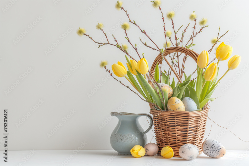 Basket and jug with yellow tulips, pussy willow and Easter eggs on a white table