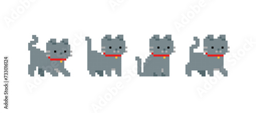 Grey Scottish Cat or Kitten in pixel art - isolated vector. Cute kawaii style pixel cats in retro 8-bit game style. Cute pixel kitten design for stickers, icons, t-shirt screen printing	
