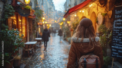 A Parisian street scene featuring a quaint French cafe and a woman strolling in the morning.