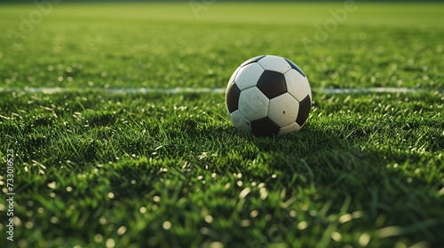 3D illustration of a soccer ball on a textured field at the center midfield.