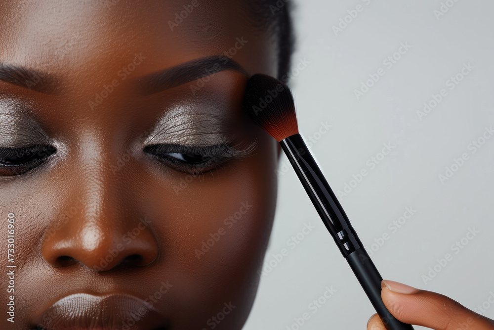 Afro model applying make-up to her face using brush isolated on gray