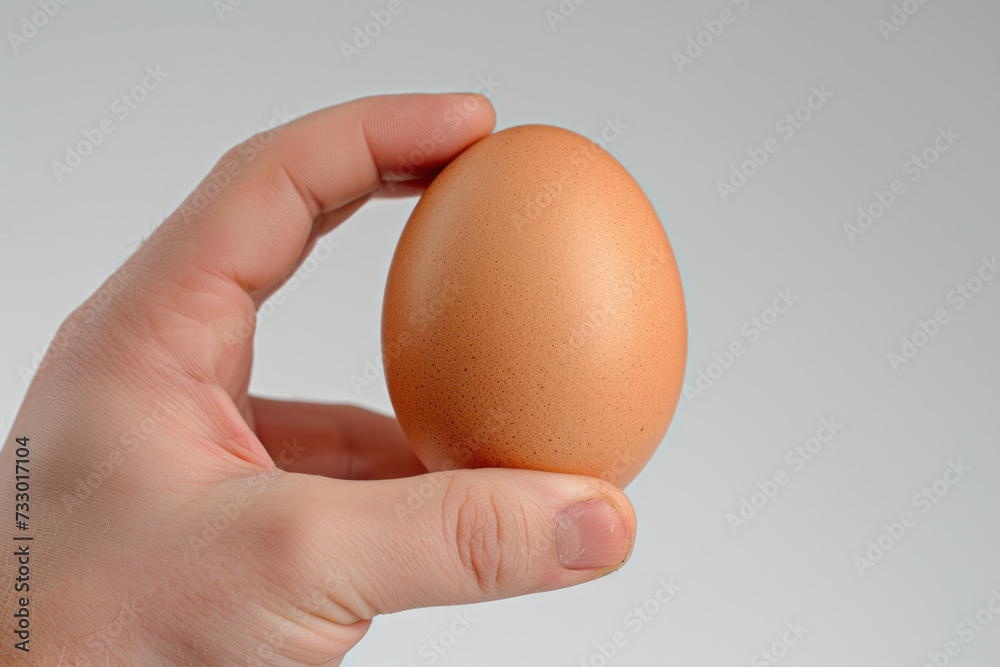 Hand holding chicken egg isolated on gray, sustainable, food concept Hand holding chicken egg isolated on gray, sustainable, food concept