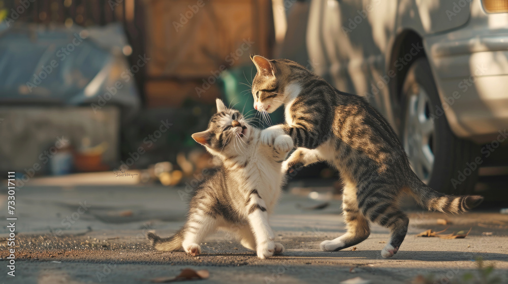 Obraz premium Two Cats Play Fighting on a Sunny Street, Illustrating Playful Aggression and Feline Interaction in an Urban Setting