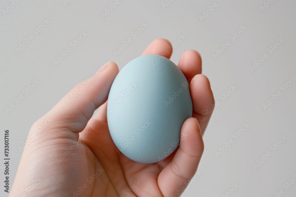 Hand holding duck blue egg isolated on gray, sustainable, food concept Hand holding duck blue egg isolated on gray, sustainable, food concept