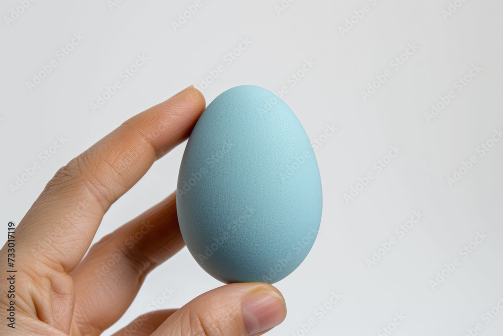 Hand holding duck blue egg isolated on gray, sustainable, food concept Hand holding duck blue egg isolated on gray, sustainable, food concept