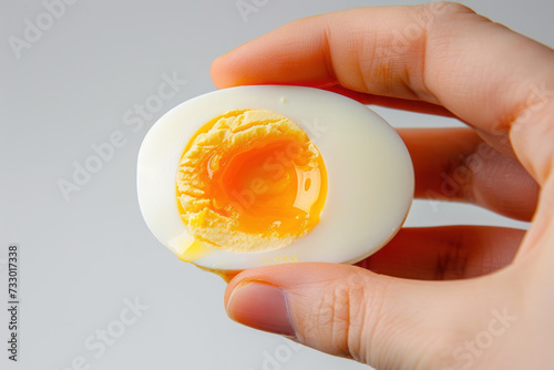 Hand holding sliced boiled egg isolated on gray, sustainable, food concept