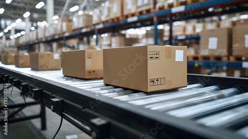 A conveyor belt moves boxes in a large warehouse. © wing