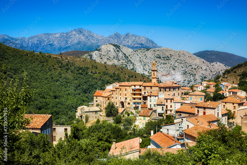 View of the Beautiful Old Village of Omessa on Corsica, France