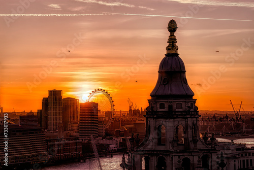 Sunset in London, with The Thames and One of the Towers of St Paul's Cathedral