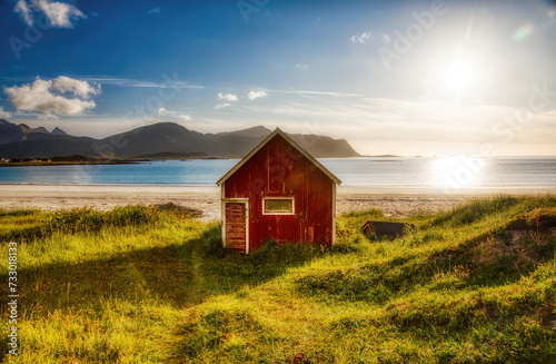 Afternoon Shot of the Worn Hut on Beautiful Ramberg Beach, Flakstad Island, Lofoten, Norway