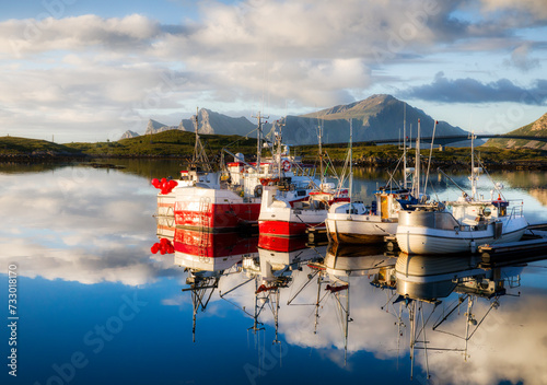 Pier with Fishing Boats on a Calm Evening at Fredvang on Moskenes Island in Lofoten, Norway