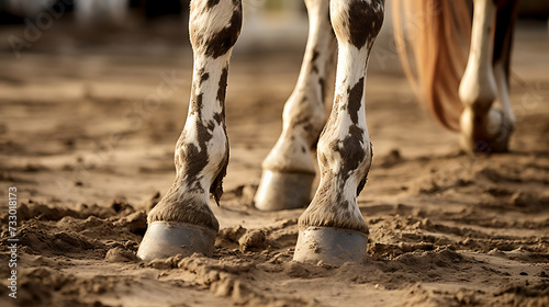 A close-up of a horse's hooves on sandy ground