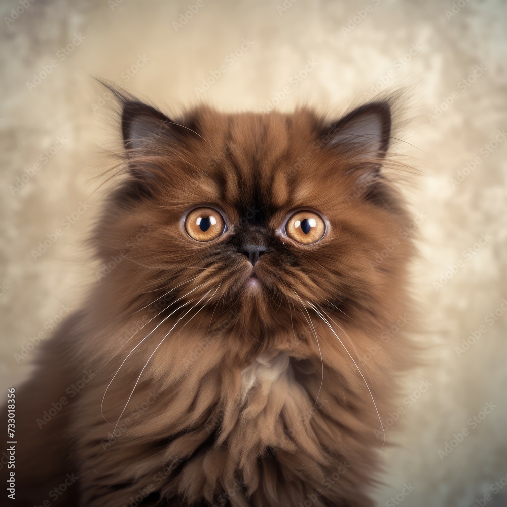 Portrait of a chocolate Himalayan kitten looking at the camera. Closeup face of a cute Himalayan kitty at home. Portrait of a little cat with sleek brown fur sitting in light room beside a window.