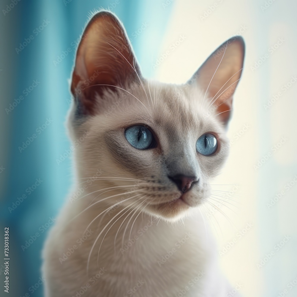Portrait of a cute blue Tonkinese kitten looking to the side. Closeup face of an adorable Tonkinese kitty at home. Portrait of little cat with sleek blue fur sitting in a light room beside a window.