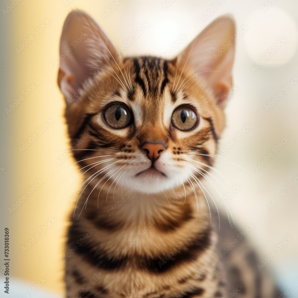 Portrait of a brown Bengal kitten sitting in a light room beside a window. Closeup face of a cute little Bengal kitty at home. Portrait of an adorable young cat with sleek fur looking forward. Portrait of a brown Bengal kitten sitting in a light room beside a window. Closeup face of a cute little Bengal kitty at home. Portrait of an adorable young cat with sleek fur looking forward.