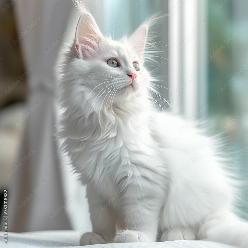 Portrait of a cute white Maine Coon kitten looking to the side. Portrait of an adorable Maine Coon kitty with thick white fur sitting in a light room beside a window. Beautiful small cat at home.