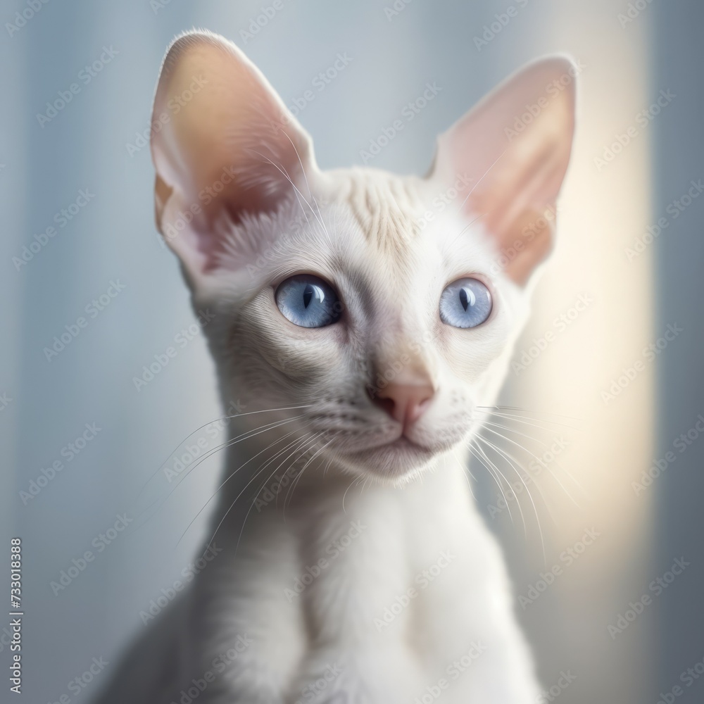 Portrait of a white Oriental Shorthair kitten looking forward. Closeup face of a small cute kitty at home. Portrait of a little cat with sleek white fur sitting in a light room beside a window.