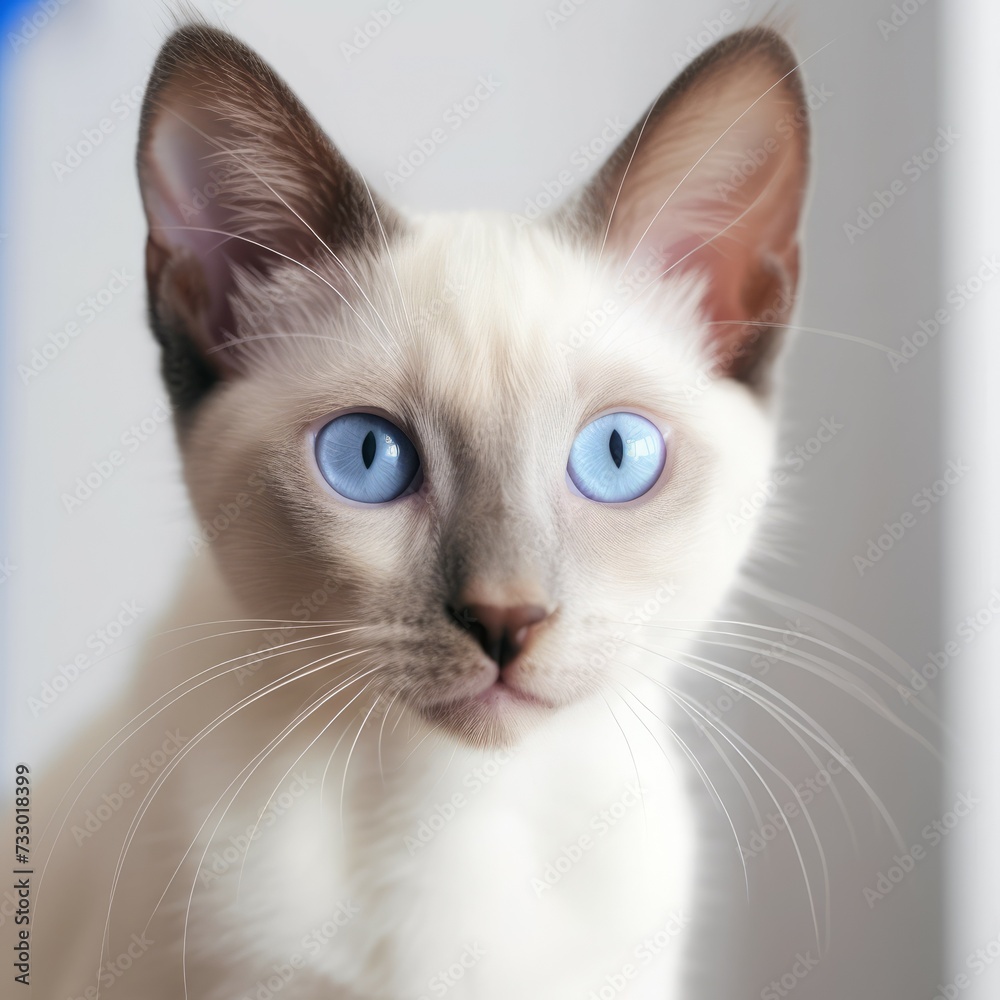 Portrait of a cute blue point Siamese kitten looking at the camera. Closeup face of an adorable blue Siamese kitty at home. Portrait of a little cat with sleek fur sitting in light room beside window