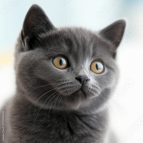 Portrait of a black British Shorthair kitten sitting in a light room beside a window. Closeup face of a cute British Shorthair kitty at home. Portrait of little cat with sleek fur looking to the side.