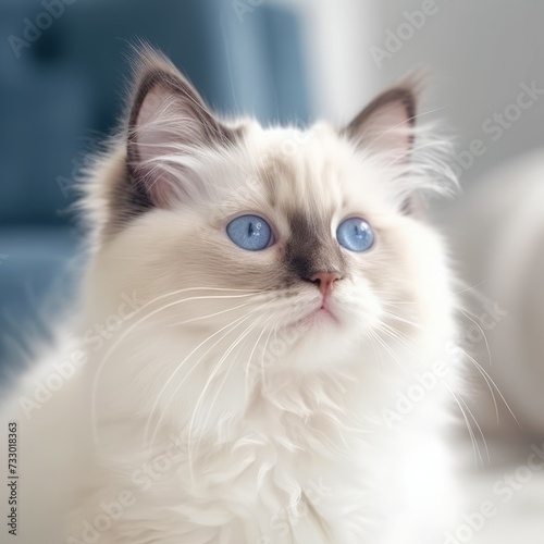 Portrait of a cute blue Ragdoll kitten looking up. Closeup face of an adorable blue point Ragdoll kitty at home. Portrait of a little cat with fluffy fur sitting in light room beside a window