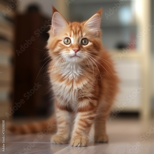 Portrait of a red Siberian Cat kitten looking forward. Portrait of a cute little Siberian Cat kitty with fluffy red fur standing in a light room beside a window. Beautiful small cat at home. © Valua Vitaly