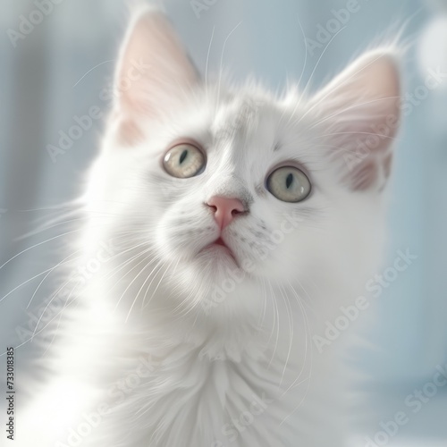 Portrait of a white Norwegian Forest Cat kitten looking up. Closeup face of a small cute kitty at home. Portrait of a little cat with thick fur sitting in a light room beside a window.