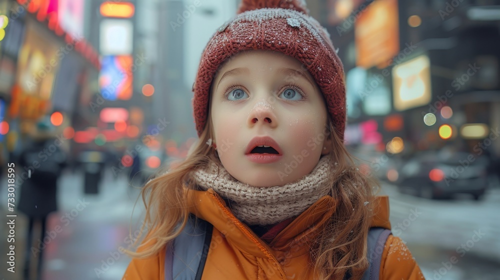 little girl with a surprised expression on her face on a crowded busy city street little girl with a surprised expression on her face on a crowded busy city street