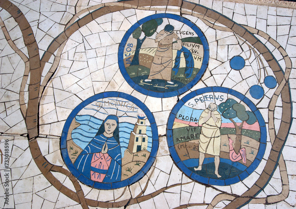 Floor mosaic in front of the Church of the Beatitudes, the traditional place where Jesus gave the Sermon on the Mount, Galilee, Israel Floor mosaic in front of the Church of the Beatitudes, the traditional place where Jesus gave the Sermon on the Mount, Galilee, Israel