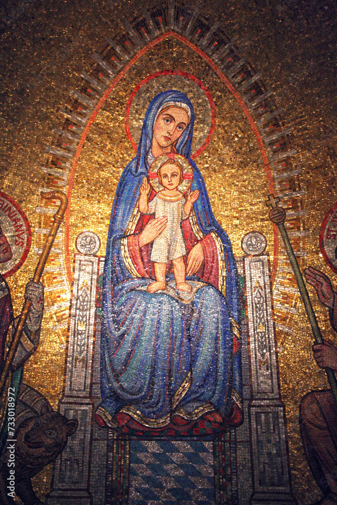 Mosaic of Madonna with child Jesus over a side altar inside the the Church of the Benedictine Abbey of the Dormition, Mount Zion, Jerusalem, Israel 