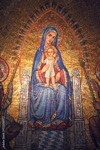 Mosaic of Madonna with child Jesus over a side altar inside the the Church of the Benedictine Abbey of the Dormition, Mount Zion, Jerusalem, Israel  © zatletic