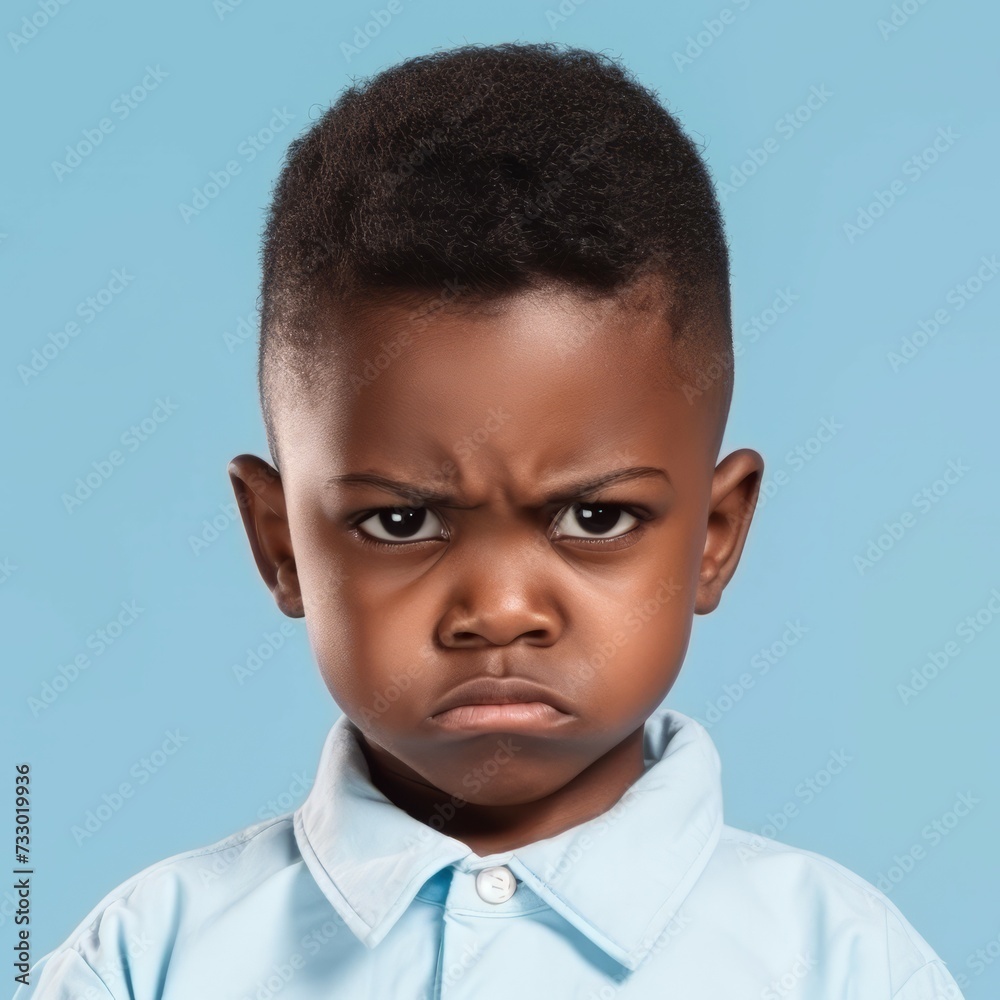 Portrait of an angry African little boy with brown hair. Closeup face of a furious African American child on a blue background looking at the camera. Front view of an outraged kid in a blue shirt. Portrait of an angry African little boy with brown hair. Closeup face of a furious African American child on a blue background looking at the camera. Front view of an outraged kid in a blue shirt.