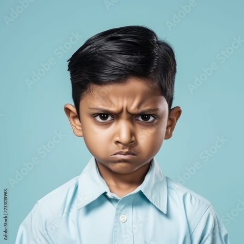 Portrait of an angry Indian little boy with stylish black hair. Closeup face of a furious Indonesian child on a blue background looking at camera. Front view of an outraged kid in a blue shirt.