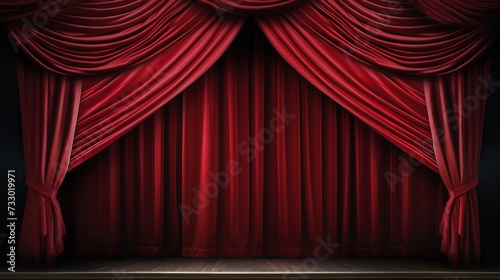 Stage in a theatre. Theater red velvet curtains.