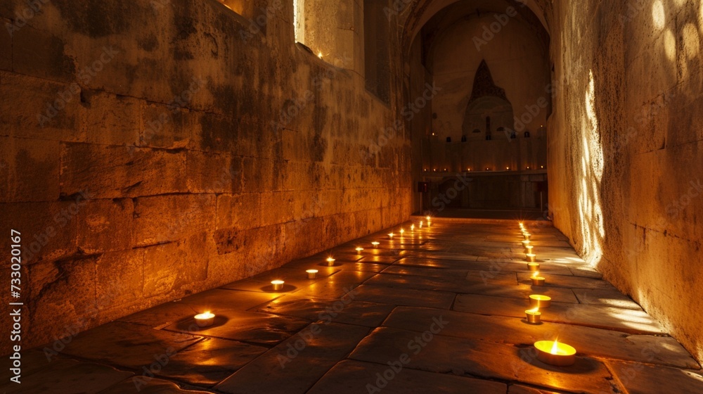 Rows of flickering candles illuminate the ancient stone walls, creating a mystical ambiance within the sacred space. Shadows dance across the floor as worshippers bow their heads in prayer.