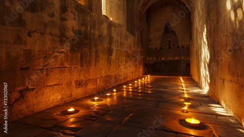 Obraz na płótnie Rows of flickering candles illuminate the ancient stone walls, creating a mystical ambiance within the sacred space. Shadows dance across the floor as worshippers bow their heads in prayer. w salonie
