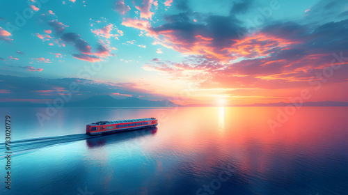 A train is traveling down the tracks, passing by the ocean, during a beautiful sunset. The sky is filled with clouds . The ocean is calm and serene, with small waves lapping at the shore. 