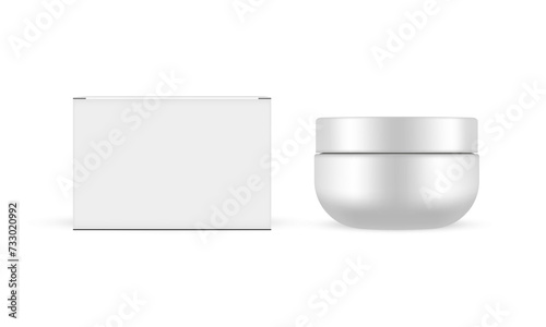 Round Plastic Cosmetic Jar WIth Paper Packaging Box, Front View, Isolated On White Background. Vector Illustration