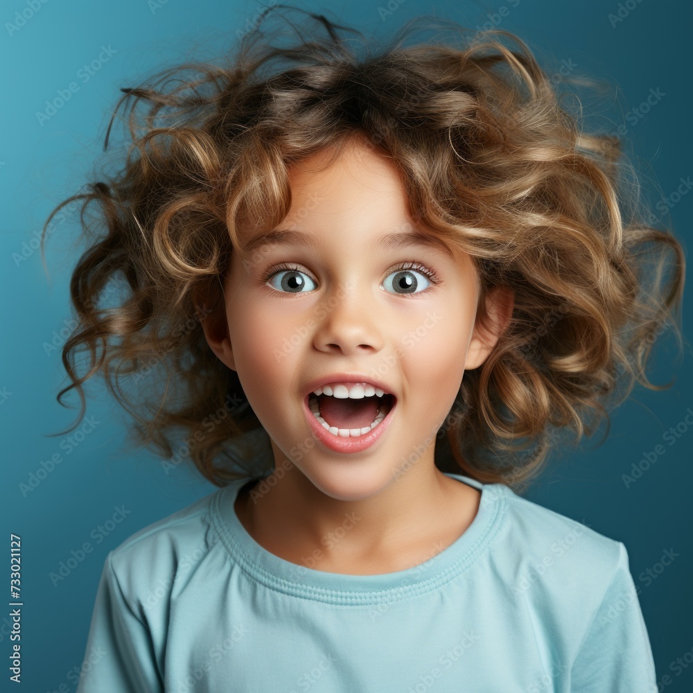 Portrait of a surprised little girl with big eyes and an open mouth. Closeup face of an amazed Caucasian child on a blue background. Astonished European kid in a blue shirt looking at the camera. Portrait of a surprised little girl with big eyes and an open mouth. Closeup face of an amazed Caucasian child on a blue background. Astonished European kid in a blue shirt looking at the camera.