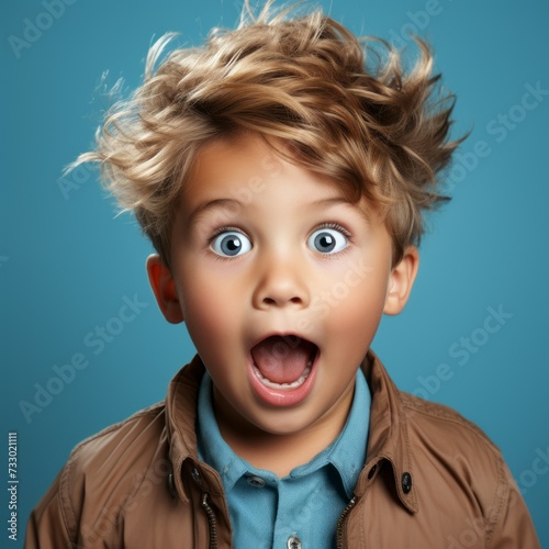 Portrait of a surprised little boy with open mouth and big eyes. Closeup face of a shocked Caucasian kid on a blue background looking at camera . Front view of amazed European child in casual clothes.